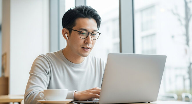 カフェでオンライン会議をする男性