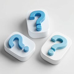 Three blue question marks on white platforms symbolizing curiosity, inquiry, and the need for answers in business and life
