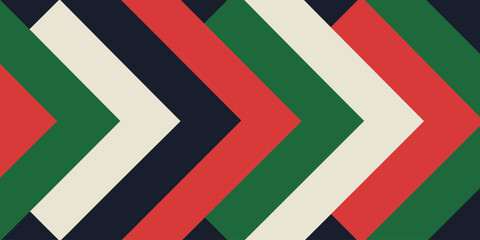 Abstract pattern with geometric arrow shapes in red, green, white, and dark blue color arrangement