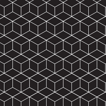 Abstract white line hexa cube pattern on black background.