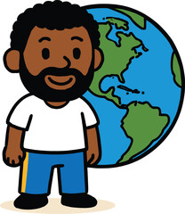 Happy cartoon man with a beard and a white t-shirt, a confident character illustration standing in front of the earth globe.
