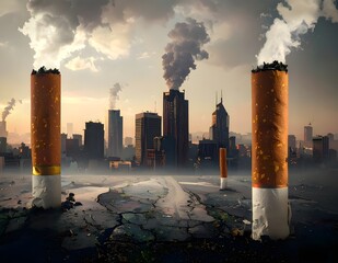 surreal illustration of cigarettes and city and smoke