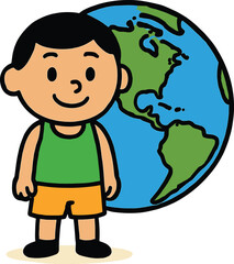 Happy cartoon boy with his hand on a globe, a friendly and confident character illustration, isolated vector on a white background.