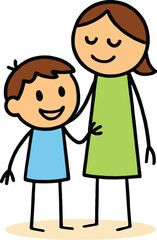 Happy cartoon mother and son, a friendly family illustration with a loving and supportive character isolated on a white background.