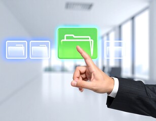 Businessman Touching A Digital Folder Icon On A Futuristic Interface.