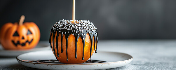 Halloween candy apple, black icing drip, white sprinkles, orange pumpkin, autumn party, spooky mood, desserts joy