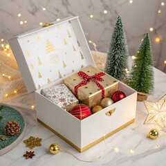 Open gift box in white and gold with Christmas decorations