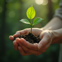Hand holding small plant growth concept