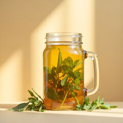 Herbal Infusion in Mason Jar with Sunbeam Shadow on Beige Background