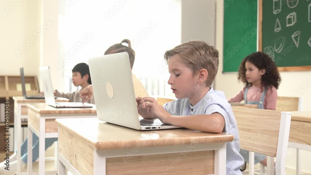 Poster caucasian smart child programing software system and learning about coding while multicultural searc