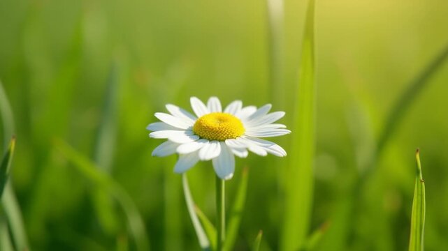 Close-up of a blooming daisy flower among green grass in sunlight
