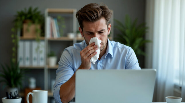 A young man sits at his office desk, looks unwell and blows his nose with a napkin.