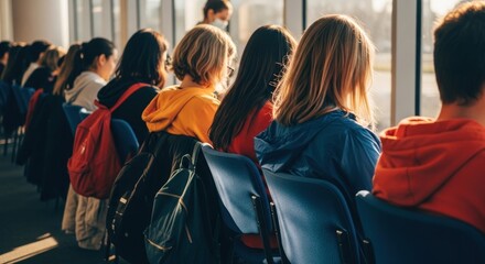 Children sit in a row, facing a bright window in a large room