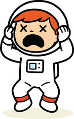 Shocked cartoon astronaut with eyes crossed and hands on head, a bewildered space character illustration isolated on a white background.