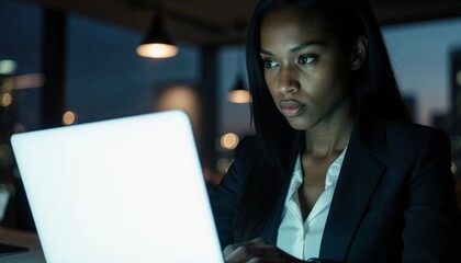 Focused young Black professional working on a laptop, embodying late-night productivity in a modern urban office.