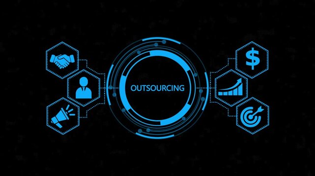 Outsourcing Human Resources. Business, new business concept. Hi tech motion graphic background, white flickering dots on background