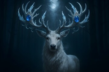 Mystical White Stag with Glowing Crystal Antlers