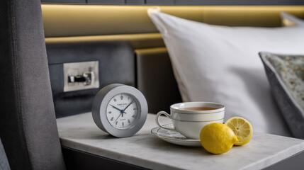 Hotel-inspired bedtime space with minimalist design and tea to highlight premium evening relaxation and peaceful sleep environment