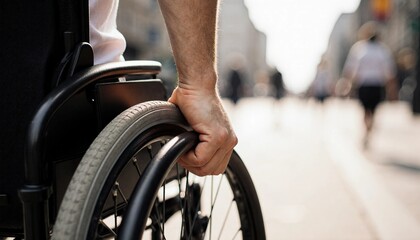 Obraz premium Determined hand on wheelchair wheel, symbolizing urban mobility and independence in a bustling city.