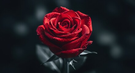 A vibrant red rose with dew drops, captured in a moody, low-key lighting style, cinematic, deep shadows, rich colors