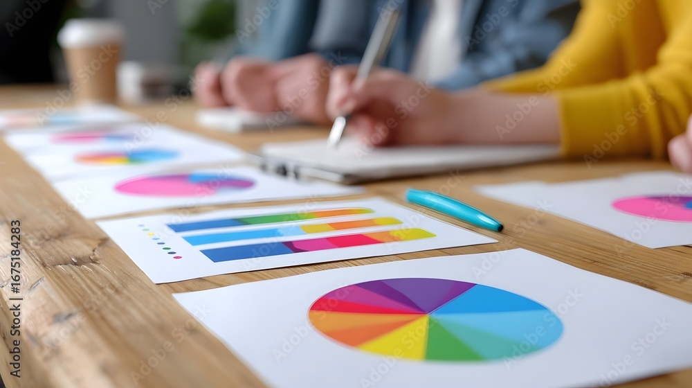 Poster desk with colorful data charts and analysis tools
