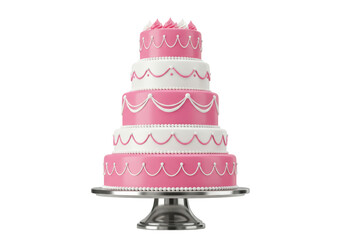 Isolated fancy tiered cake with pink and white frosting on silver cake stand for celebrations