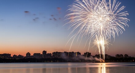 Spectacular Fireworks over City Skyline at Dusk