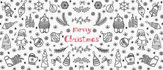 Hand drawn merry christmas black and white holly pattern. Holiday characters and winter symbols for greeting card.