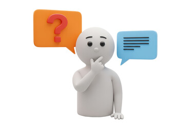 Fototapeta premium Isolated pondering person with speech bubbles thinks over details and options, choosing right