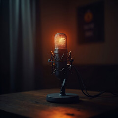Dark Podcast Studio with Glowing Microphone and Sound Waves