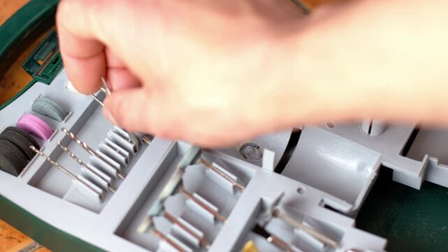 A man takes a power tool attachment and prepares to process wood. Sanding wood. Close-up of hands.