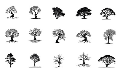 Tree set vector in silhouette on white background. Trees collection. Various tree vectors. Forest and nature concept. Collection of different tree symbols.