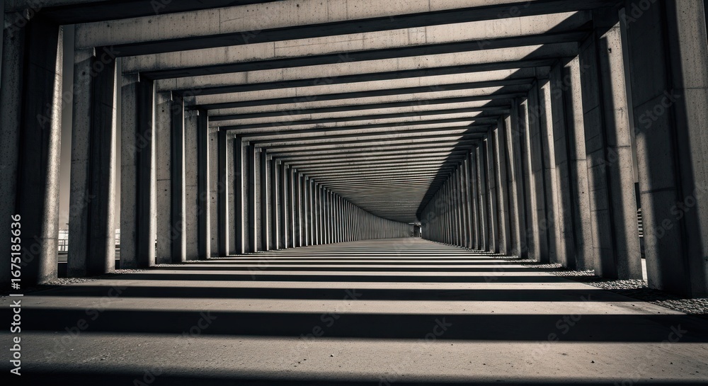 Poster concrete underpass tunnel with repeating support columns & strong shadows
