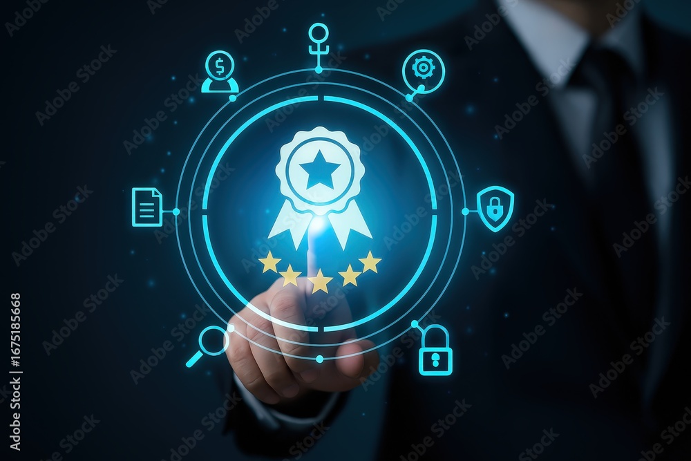 Poster a hand interacts with a glowing, digital interface displaying a quality assurance icon surrounded by