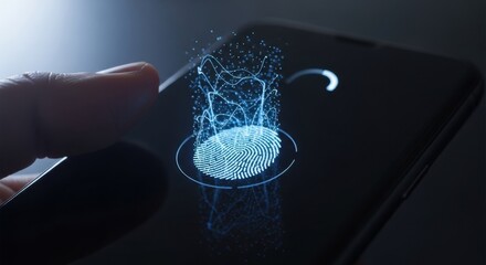 Finger scanning on a smartphone with blue light effect and hand visible in the dark background