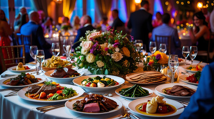 Elegant dining table with assorted plated dishes and a floral centerpiece, 4K and HD image