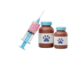 Isolated veterinarian medication, a medical needle and brown medicine bottles for animals