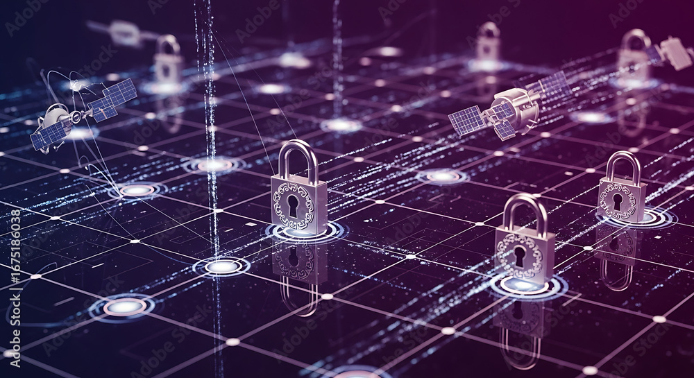 Aufkleber security network with satellites and padlocks on a dark grid representing data encryption and protec