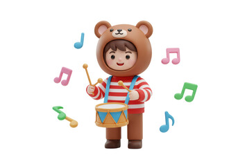 Isolated kid in bear costume playing toy drum, happy child drummer with musical notes around