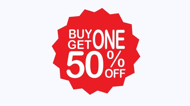 Red starburst sign with buy one get one 50% off offer, for promotional purposes. Perfect for advertising banners, flyers, posters, and social media posts. Great for grabbing attention and driving sale