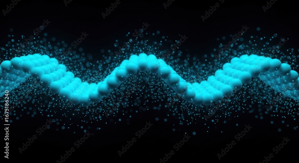 Poster cyan spheres form a helix structure against a dark background with particles