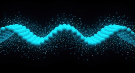 Cyan spheres form a helix structure against a dark background with particles
