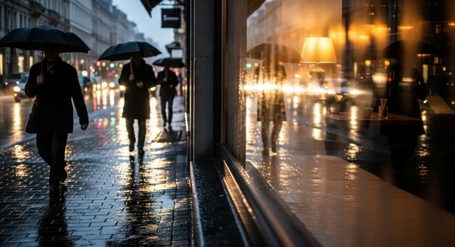 People walking with umbrellas on a rainy city street with reflections in a shop window at night