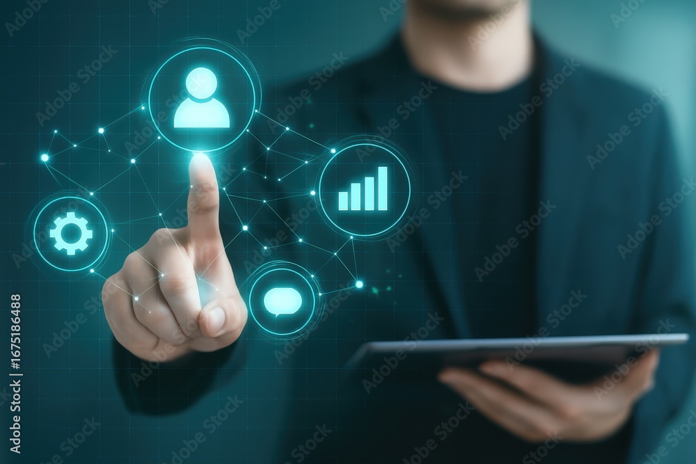 Poster a hand interacts with glowing, interconnected interface elements representing business analytics and