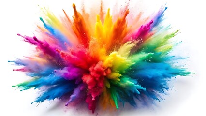 Obraz premium Rainbow dust powder explosion transparent PNG, isolated background. Dynamic blast eruption, vibrant colorful effect, lgbt, party, celebration, festival, color run element white background 