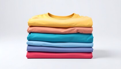 Stack of folded colorful t-shirts mockup, isolated, realistic
