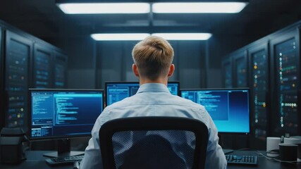 Technician monitoring server systems, perfect for concepts of information technology, digital infrastructure, and data control. - Powered by Adobe