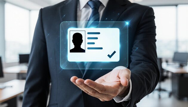 Businessman presenting a glowing digital ID card for secure identity verification and access.