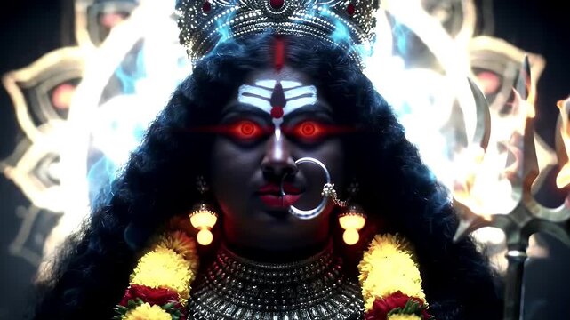 A depiction of the Hindu goddess Kali, with glowing red eyes and a trident.