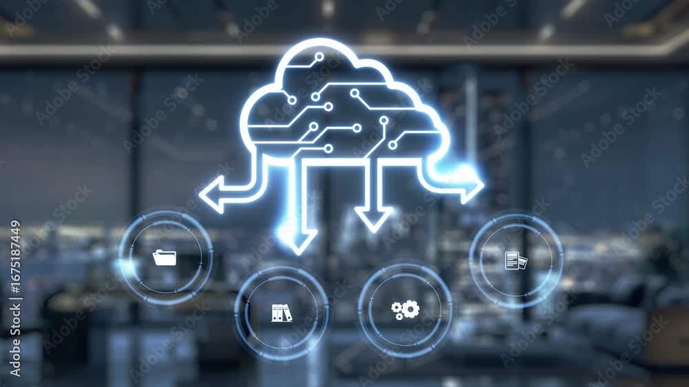 Poster a futuristic robot hand points at a glowing cloud computing graphic, showcasing technology and innov